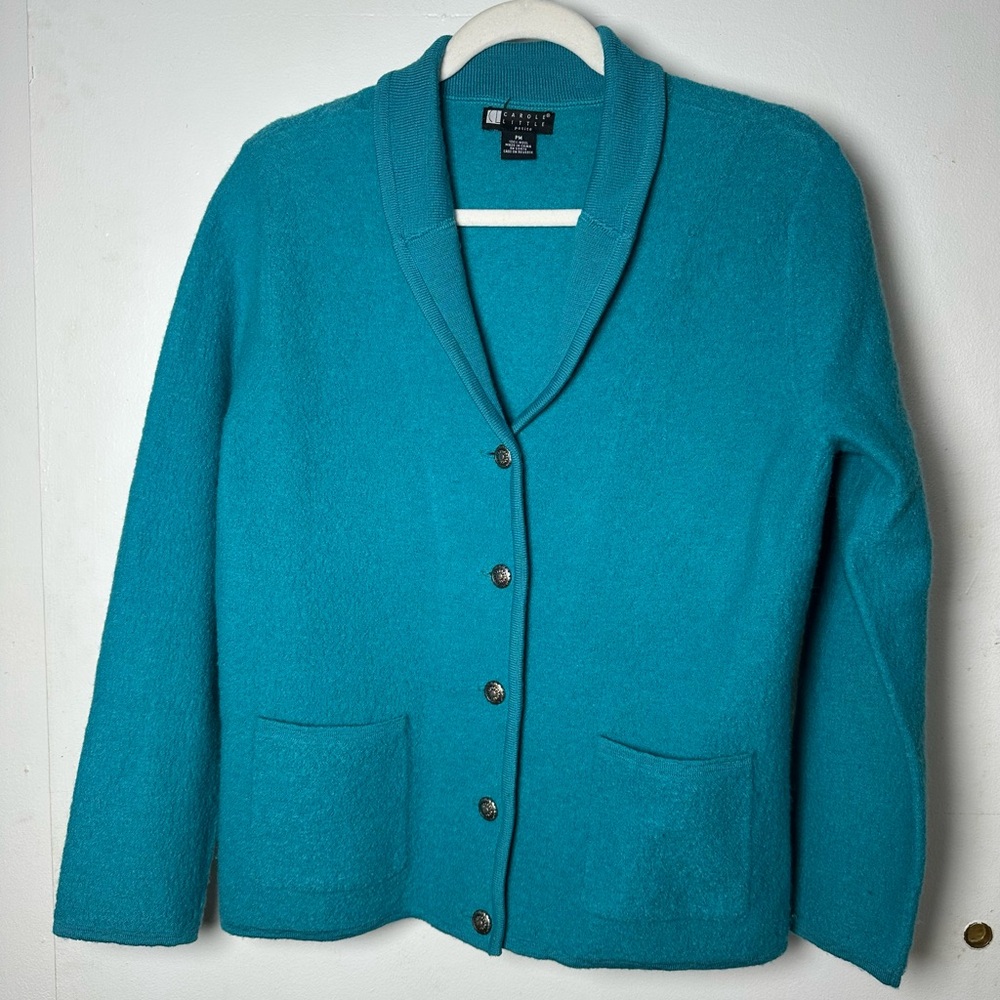 Carole Little Petite PM 100% Wool Teal Button Front Cardigan Sweater Jacket